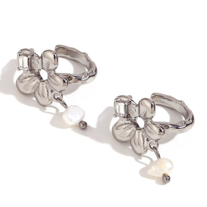 1 Pair Vintage Style Simple Style Classic Style C Shape Flower Snake Plating Inlay Stainless Steel Pearl Zircon 18k Gold Plated Ear Cuffs