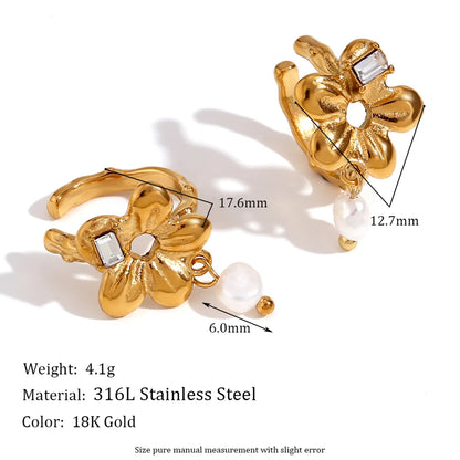 1 Pair Vintage Style Simple Style Classic Style C Shape Flower Snake Plating Inlay Stainless Steel Pearl Zircon 18k Gold Plated Ear Cuffs