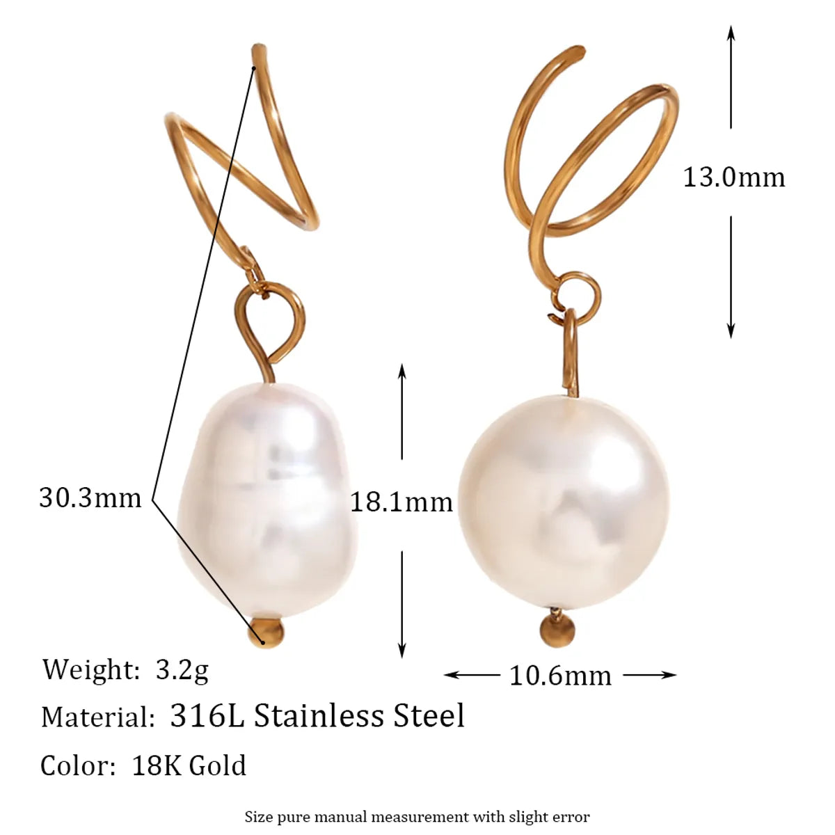 1 Pair Vintage Style Simple Style Classic Style Solid Color Plating Stainless Steel Freshwater Pearl 18k Gold Plated Drop Earrings