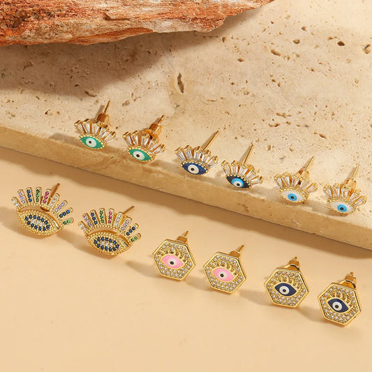 1 Pair Vintage Style Simple Style Commute Devil'S Eye Eye Enamel Inlay Copper Zircon 14K Gold Plated Ear Studs