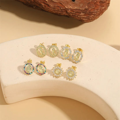 1 Pair Vintage Style Simple Style Commute Human Flower Inlay Copper Zircon 14K Gold Plated Ear Studs