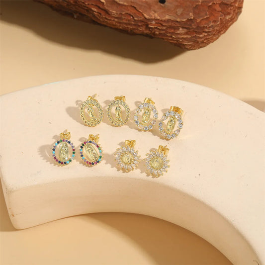 1 Pair Vintage Style Simple Style Commute Human Flower Inlay Copper Zircon 14K Gold Plated Ear Studs