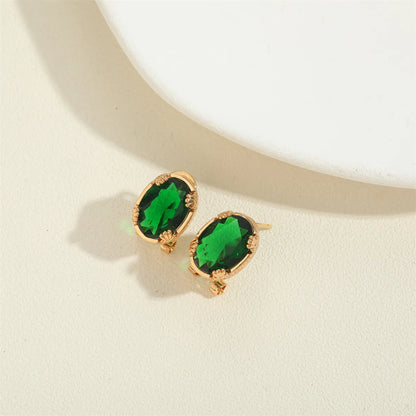 1 Pair Vintage Style Simple Style Commute Oval Inlay Copper Zircon 14K Gold Plated Ear Studs