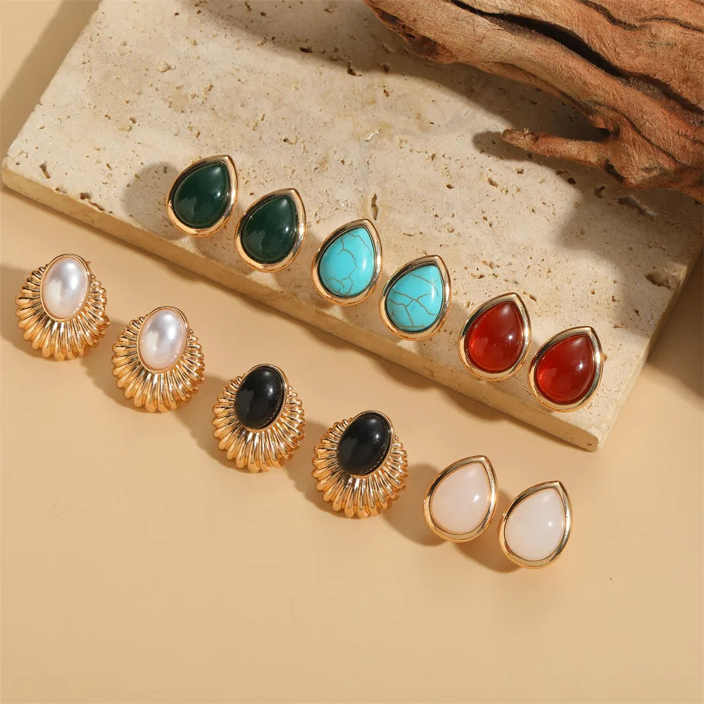 1 Pair Vintage Style Simple Style Commute Water Droplets Inlay Copper Acrylic Artificial Pearls Turquoise 14K Gold Plated Ear Studs