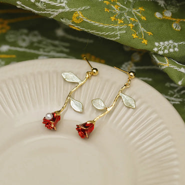 1 Pair Vintage Style Simple Style Flower Enamel Plating Copper 18K Gold Plated Drop Earrings