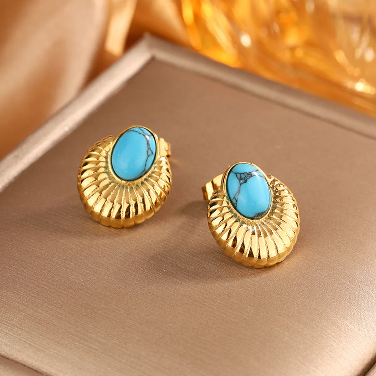 1 Pair Vintage Style Simple Style Geometric Oval Plating Inlay 304 Stainless Steel Artificial Pearls Turquoise Opal 18K Gold Plated Ear Studs