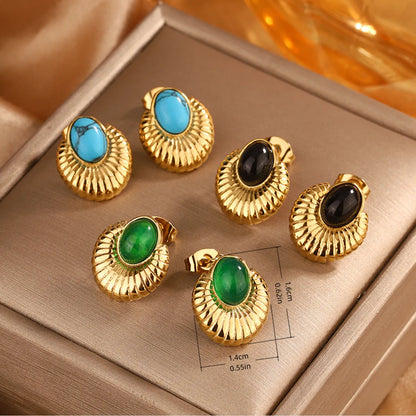 1 Pair Vintage Style Simple Style Geometric Oval Plating Inlay 304 Stainless Steel Artificial Pearls Turquoise Opal 18K Gold Plated Ear Studs