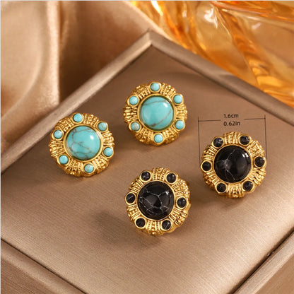 1 Pair Vintage Style Simple Style Geometric Oval Plating Inlay 304 Stainless Steel Artificial Pearls Turquoise Opal 18K Gold Plated Ear Studs