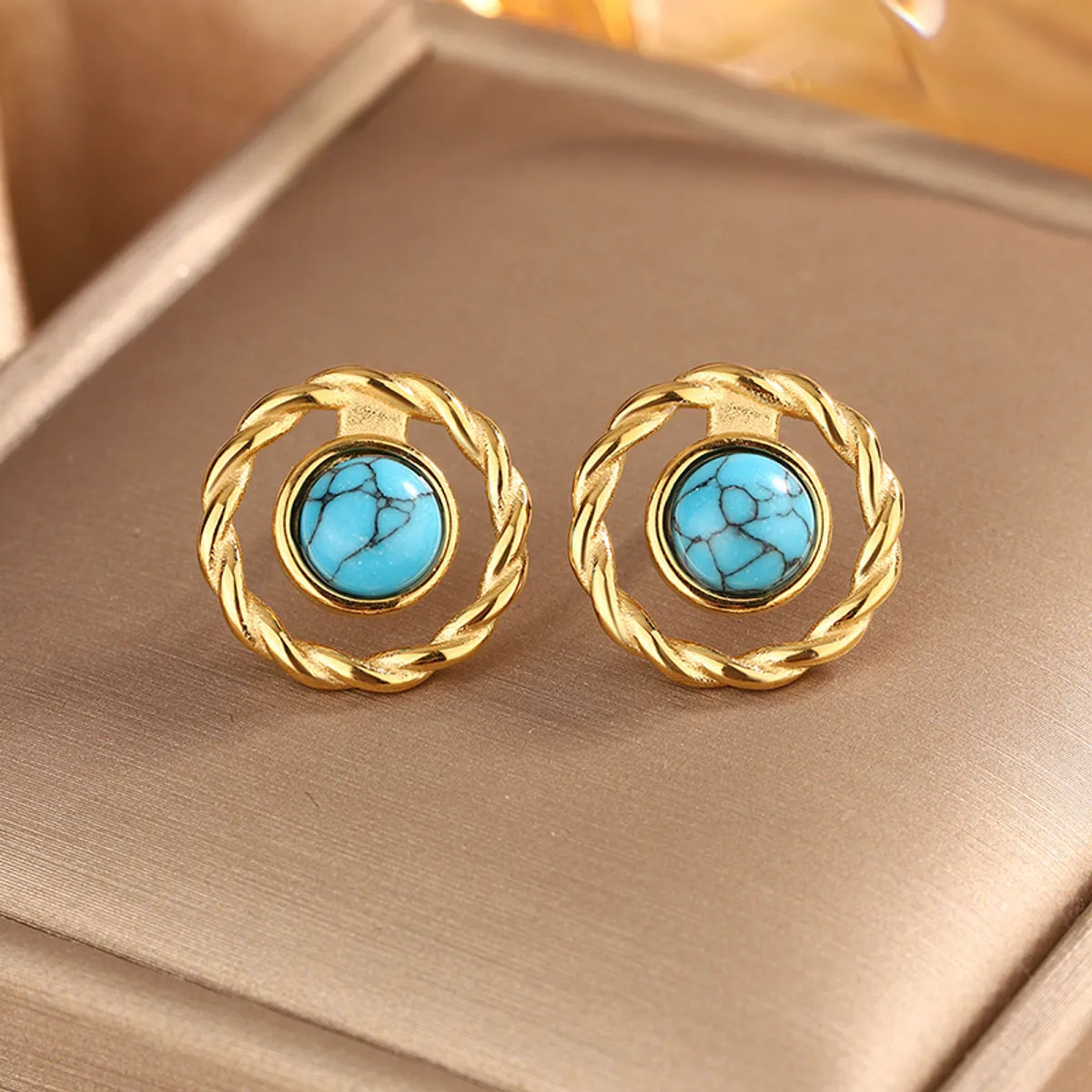 1 Pair Vintage Style Simple Style Geometric Oval Plating Inlay 304 Stainless Steel Artificial Pearls Turquoise Opal 18K Gold Plated Ear Studs