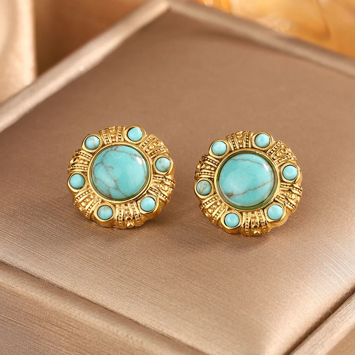 1 Pair Vintage Style Simple Style Geometric Oval Plating Inlay 304 Stainless Steel Artificial Pearls Turquoise Opal 18K Gold Plated Ear Studs