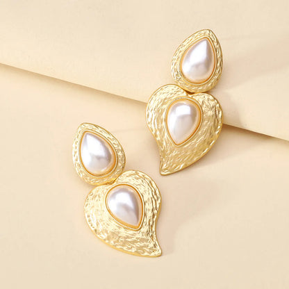 1 Pair Vintage Style Simple Style Heart Shape Inlay Alloy Artificial Pearls Drop Earrings