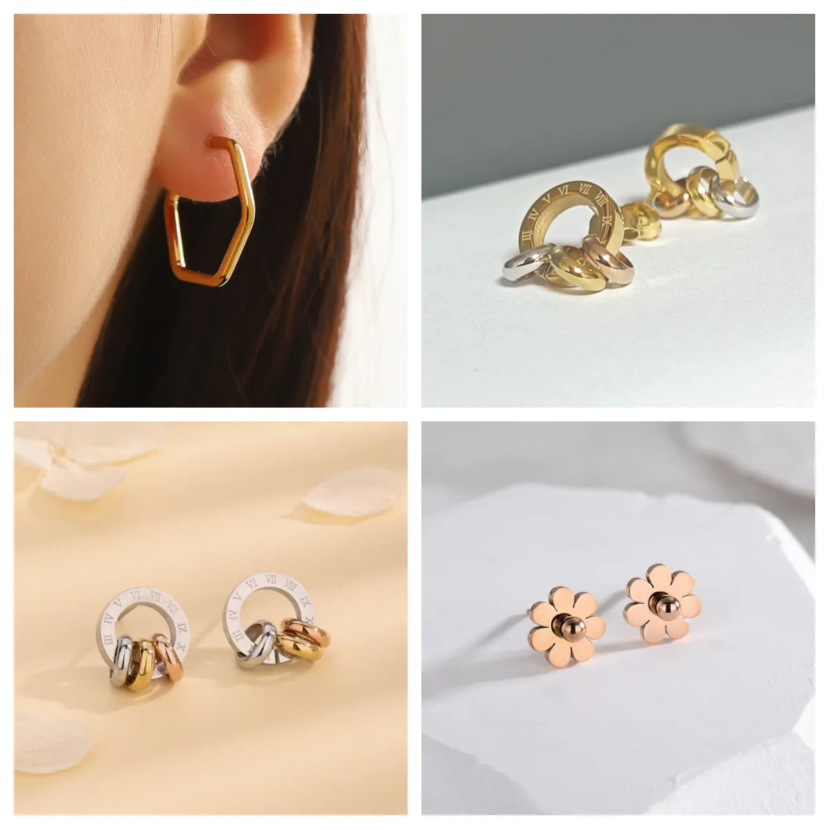 1 Pair Vintage Style Simple Style Roman Style Geometric Roman Numeral Flower Hollow Out 304 Stainless Steel 18K Gold Plated Ear Studs