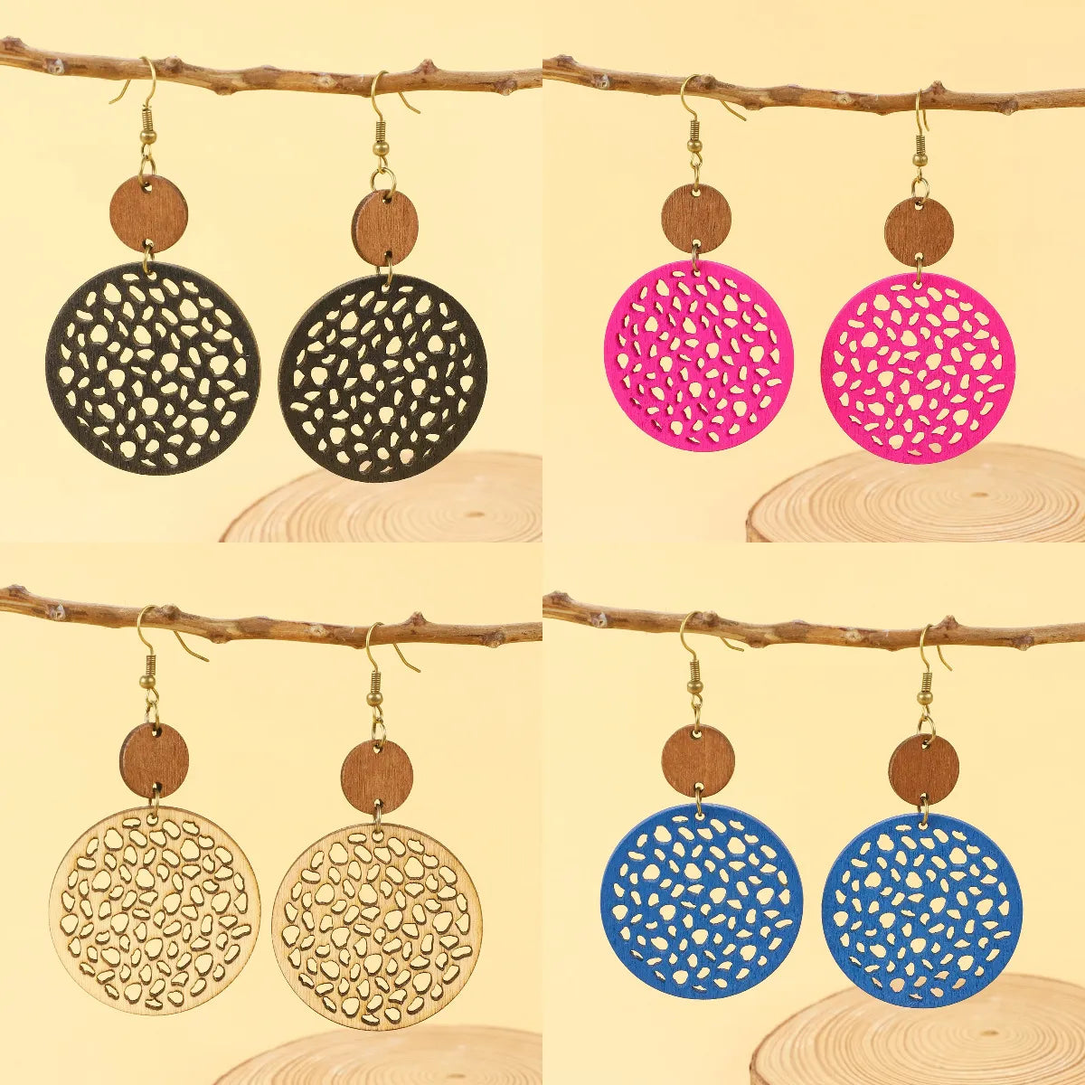 1 Pair Vintage Style Simple Style Round Hollow Out Wood Drop Earrings