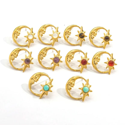 1 Pair Vintage Style Simple Style Star Moon Polishing Inlay 304 Stainless Steel Natural Stone 14K Gold Plated Ear Studs