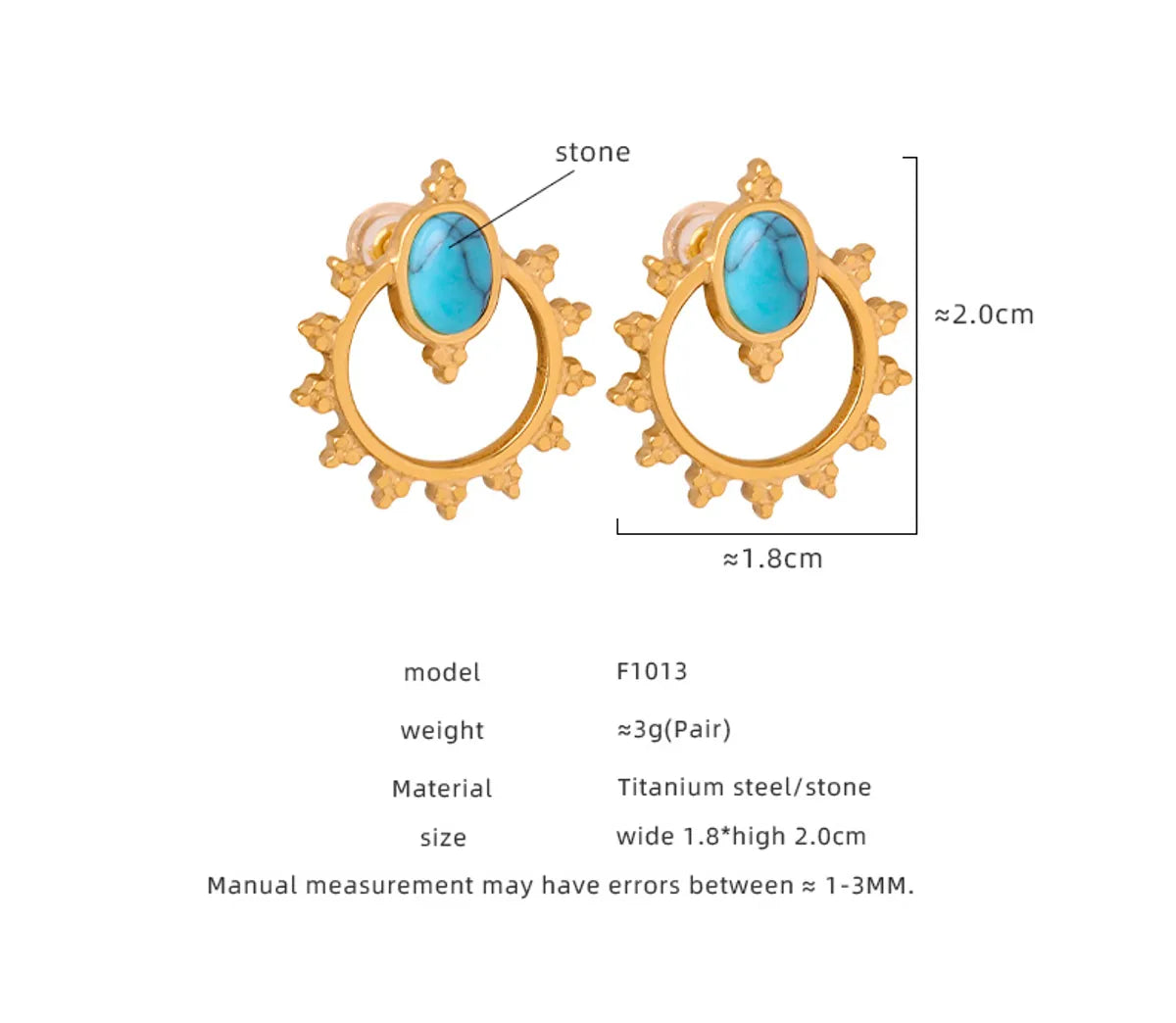 1 Pair Vintage Style Simple Style Sun Plating Inlay Titanium Steel Natural Stone 18k Gold Plated Ear Studs