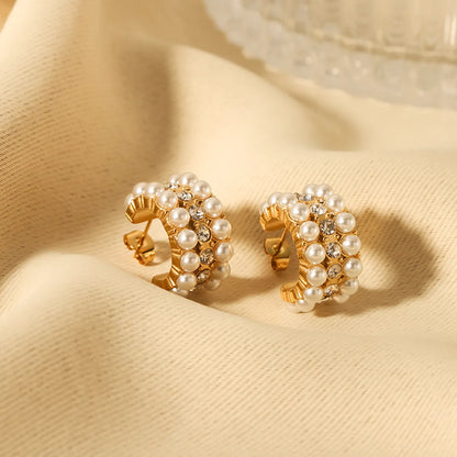 1 Pair Vintage Style Solid Color Plating Inlay Stainless Steel Artificial Rhinestones Pearl 18k Gold Plated Ear Studs