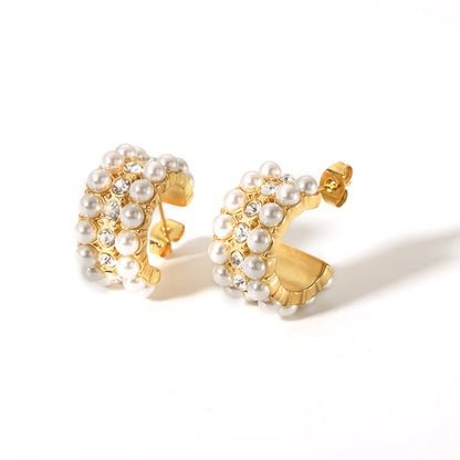 1 Pair Vintage Style Solid Color Plating Inlay Stainless Steel Artificial Rhinestones Pearl 18k Gold Plated Ear Studs