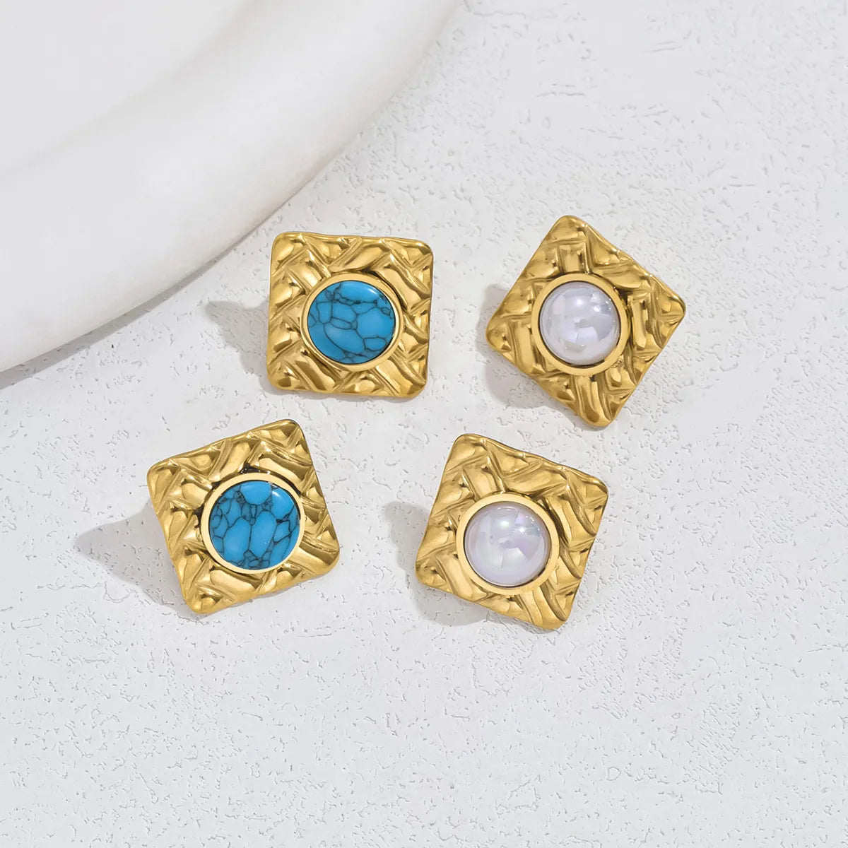 1 Pair Vintage Style Square Plating Inlay Stainless Steel Artificial Pearls Turquoise Ear Studs