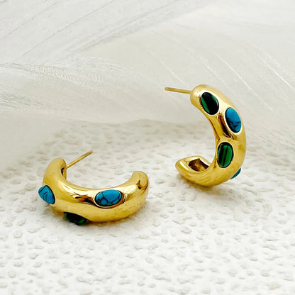 1 Pair Vintage Style Sweet C Shape Plating Inlay Stainless Steel Turquoise Gold Plated Ear Studs