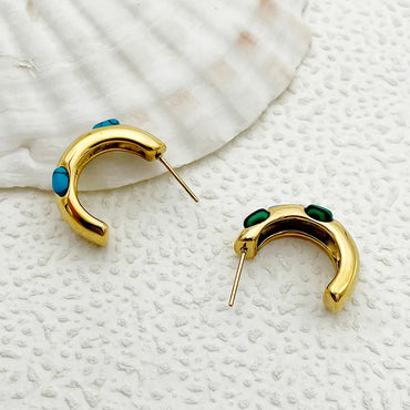 1 Pair Vintage Style Sweet C Shape Plating Inlay Stainless Steel Turquoise Gold Plated Ear Studs