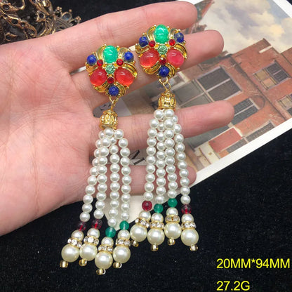 1 Pair Vintage Style Tassel Alloy Gem Glass Drop Earrings