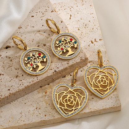 1 Pair Vintage Style Tree Flower Plating Inlay Titanium Steel Zircon 18k Gold Plated Drop Earrings