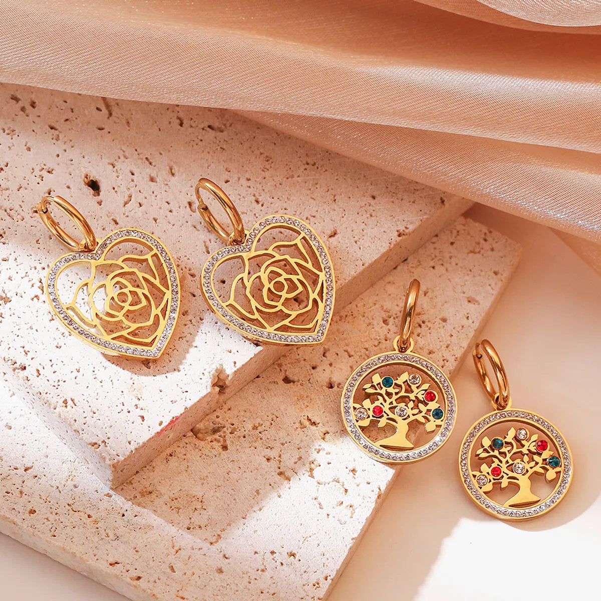 1 Pair Vintage Style Tree Flower Plating Inlay Titanium Steel Zircon 18k Gold Plated Drop Earrings