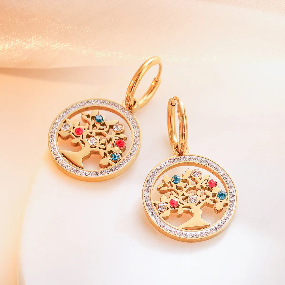 1 Pair Vintage Style Tree Flower Plating Inlay Titanium Steel Zircon 18k Gold Plated Drop Earrings