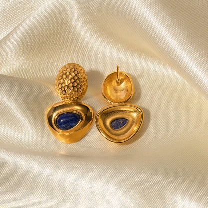 1 Pair Vintage Style Triangle Plating Inlay Stainless Steel Lapis Lazuli Natural Stone 18k Gold Plated Ear Studs