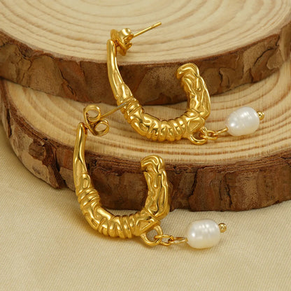 1 Pair Vintage Style U Shape Solid Color Pearl Plating Stainless Steel 18k Gold Plated Drop Earrings