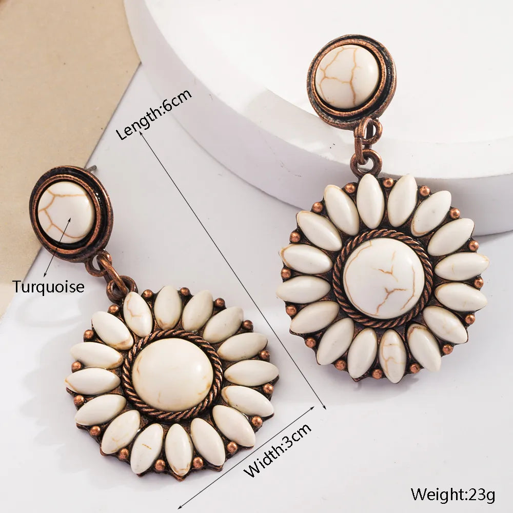 1 Pair Vintage Style Vacation Classic Style Round Heart Shape Inlay Alloy Turquoise Silver Plated Drop Earrings