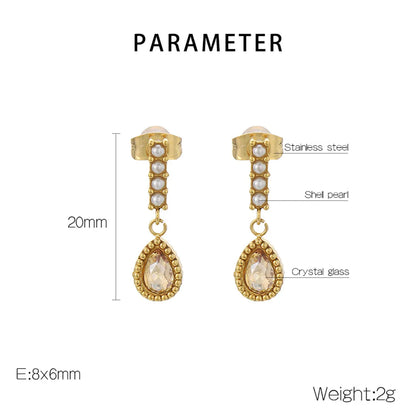 1 Pair Vintage Style Water Droplets Inlay 304 Stainless Steel Artificial Crystal Pearl 18K Gold Plated Drop Earrings