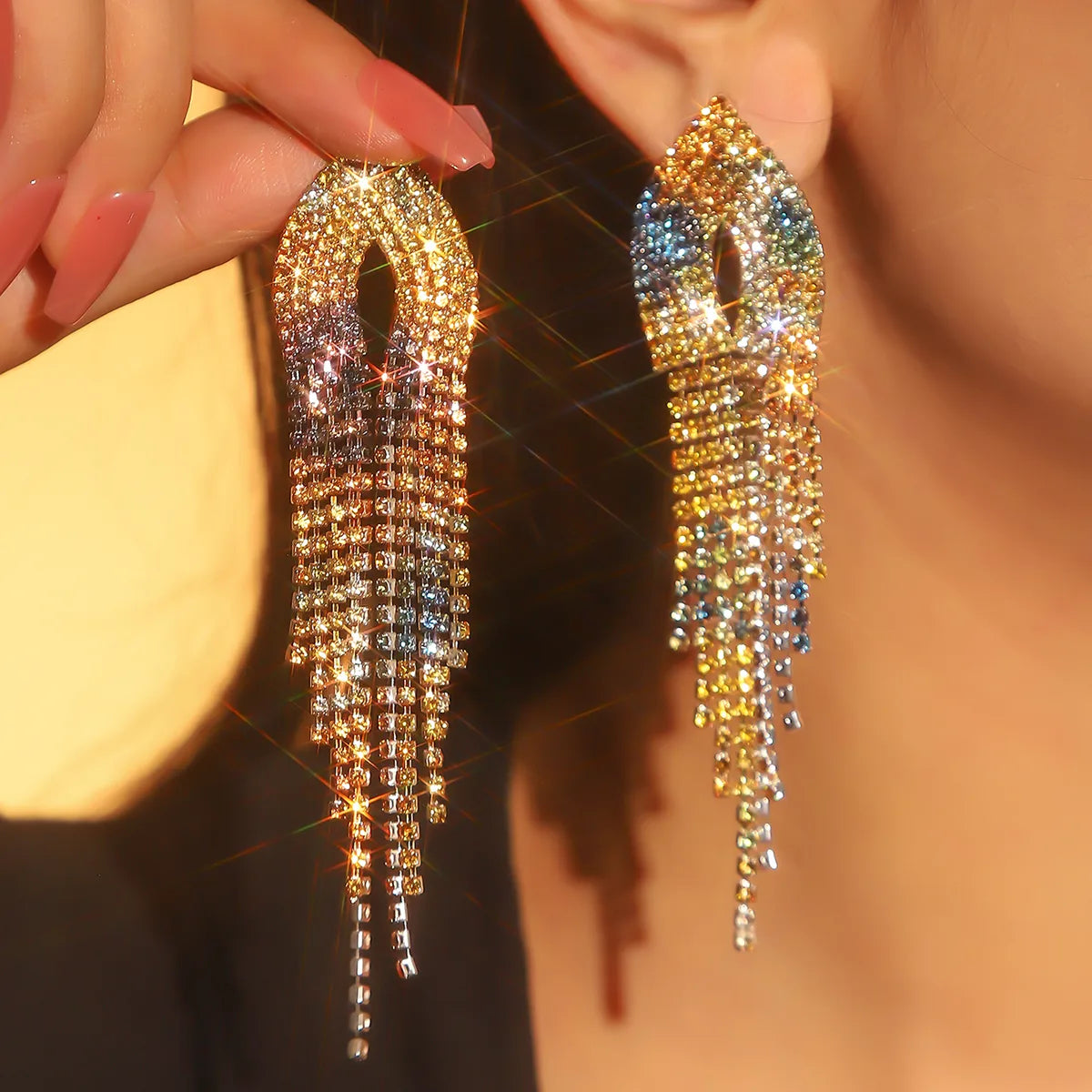 1 Pair Wedding Vacation Gradient Color Plating Hollow Out Rhinestone Drop Earrings