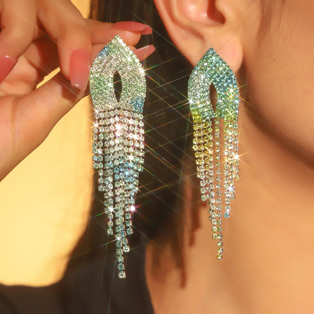 1 Pair Wedding Vacation Gradient Color Plating Hollow Out Rhinestone Drop Earrings