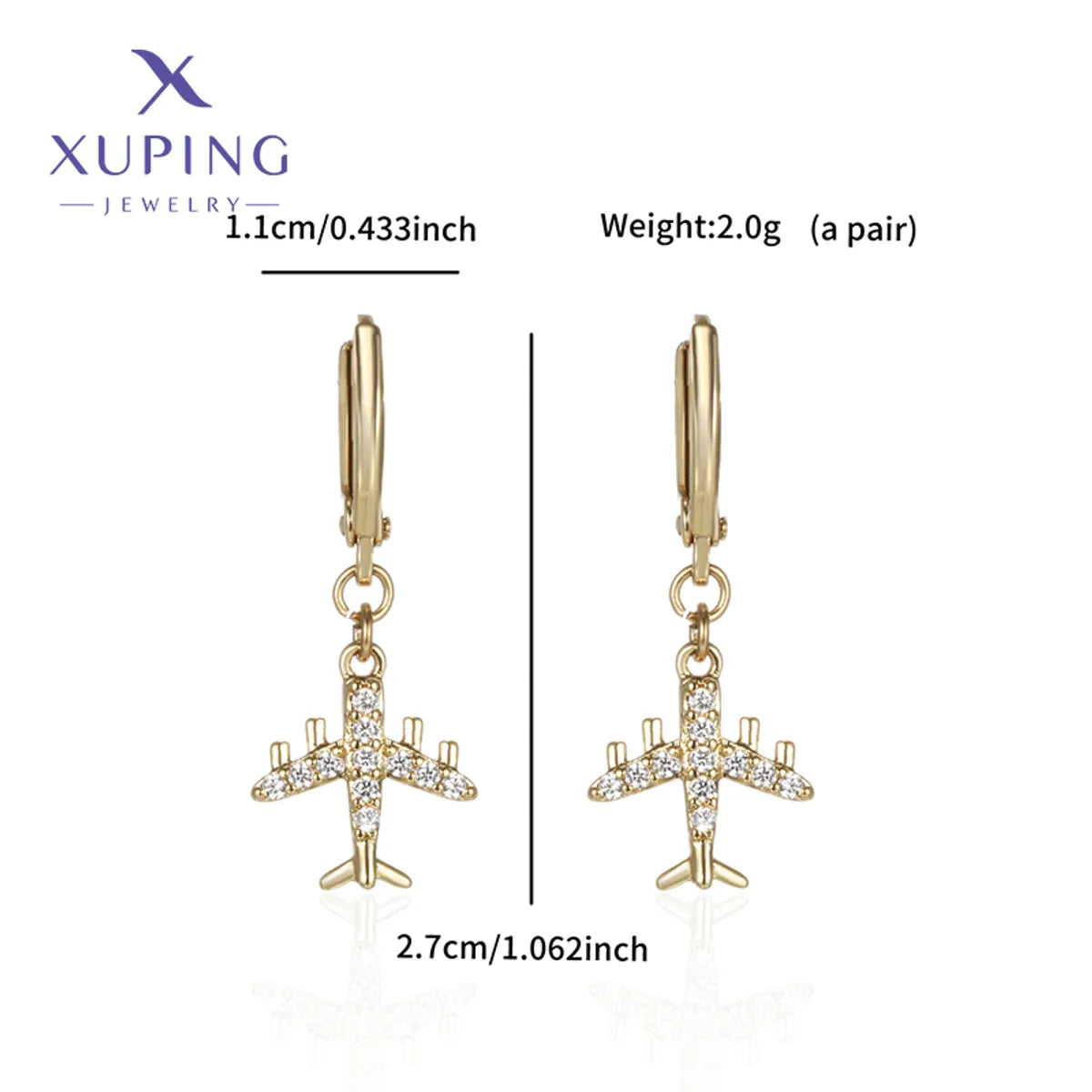 1 Pair XUPING Simple Style Airplane Plating Copper Artificial Gemstones 18K Gold Plated Drop Earrings