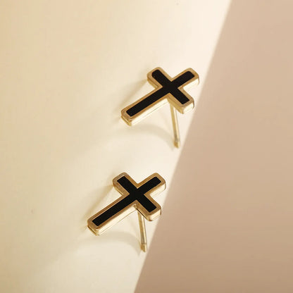 1 Pair Xuping Simple Style Cross Plating Stainless Steel 14k Gold Plated Ear Studs