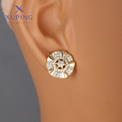 1 Pair XUPING Simple Style Geometric Flower Hollow Out Inlay Copper Artificial Gemstones 18K Gold Plated Ear Studs