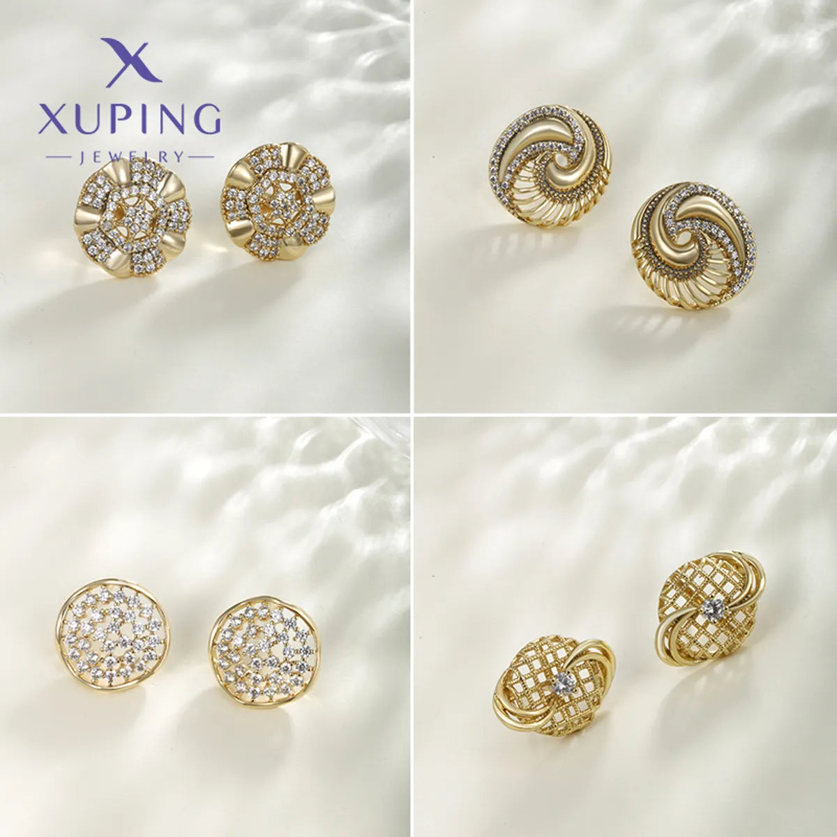 1 Pair XUPING Simple Style Geometric Flower Hollow Out Inlay Copper Artificial Gemstones 18K Gold Plated Ear Studs