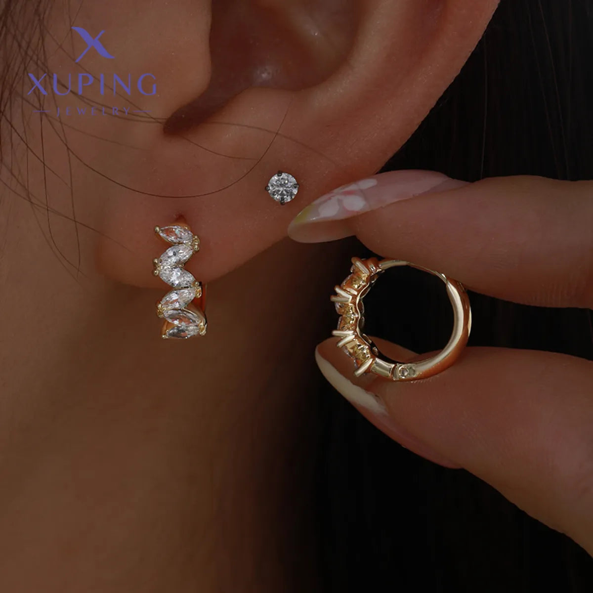 1 Pair XUPING Simple Style Geometric Plating Copper Artificial Gemstones 18K Gold Plated Earrings