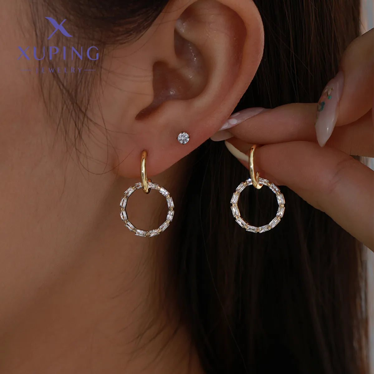 1 Pair XUPING Simple Style Round Plating Copper Artificial Gemstones 18K Gold Plated Drop Earrings