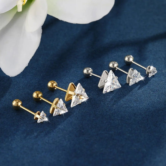 1 Pair XUPING Simple Style Shiny Triangle Inlay Stainless Steel Artificial Gemstones 14K Gold Plated Ear Studs