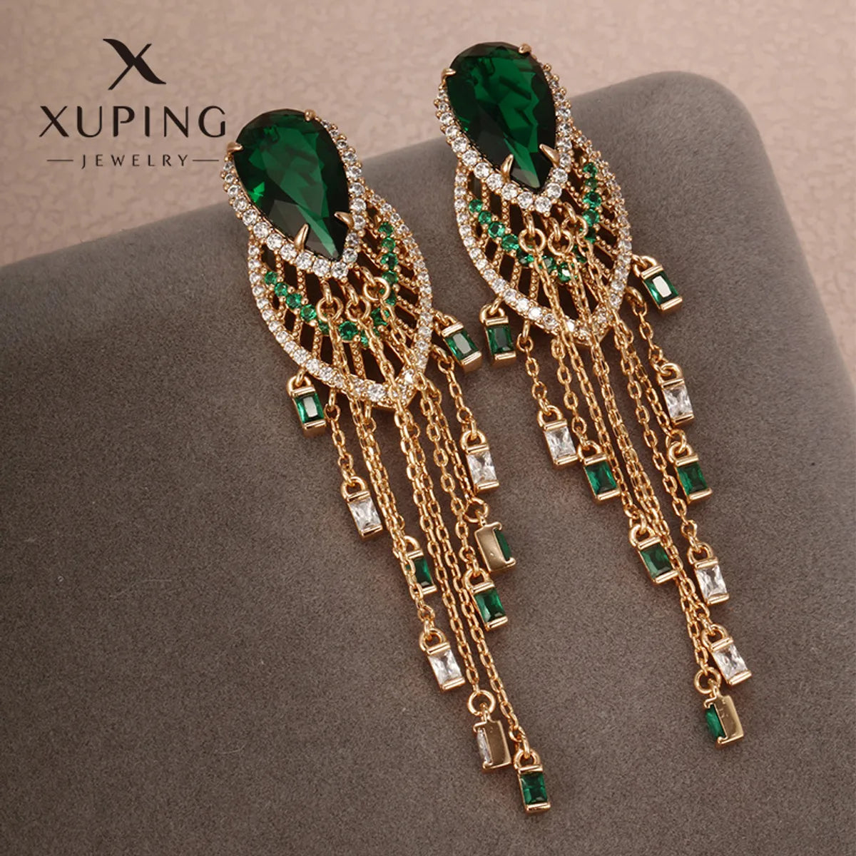 1 Pair Xuping Simple Style Square Water Droplets Tassel Plating Hollow Out Inlay Alloy Copper Alloy Artificial Gemstones 18k Gold Plated Drop Earrings