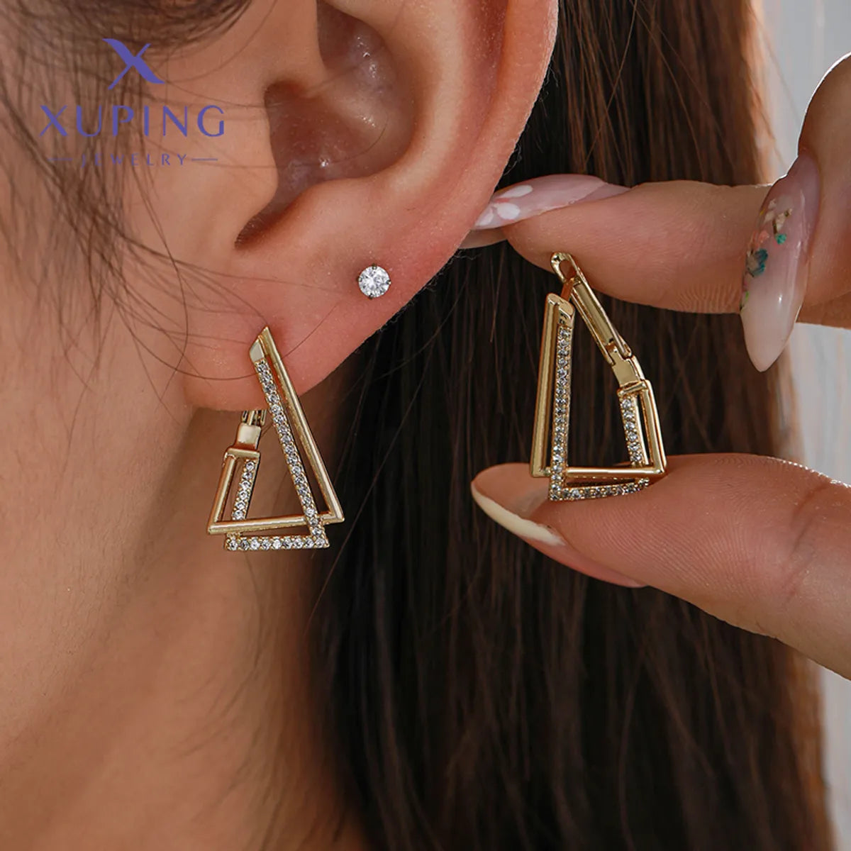 1 Pair XUPING Simple Style Triangle Plating Copper Artificial Gemstones 18K Gold Plated Ear Studs