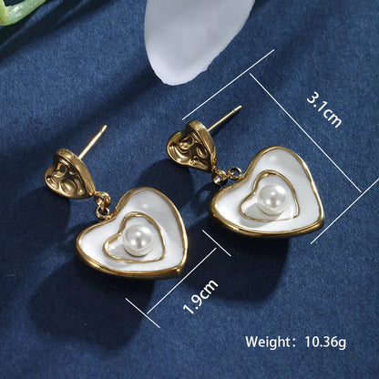 1 Pair XUPING Sweet Dolphin Heart Shape Pearl Enamel Inlay 304 Stainless Steel Artificial Gemstones Beads 18K Gold Plated Drop Earrings