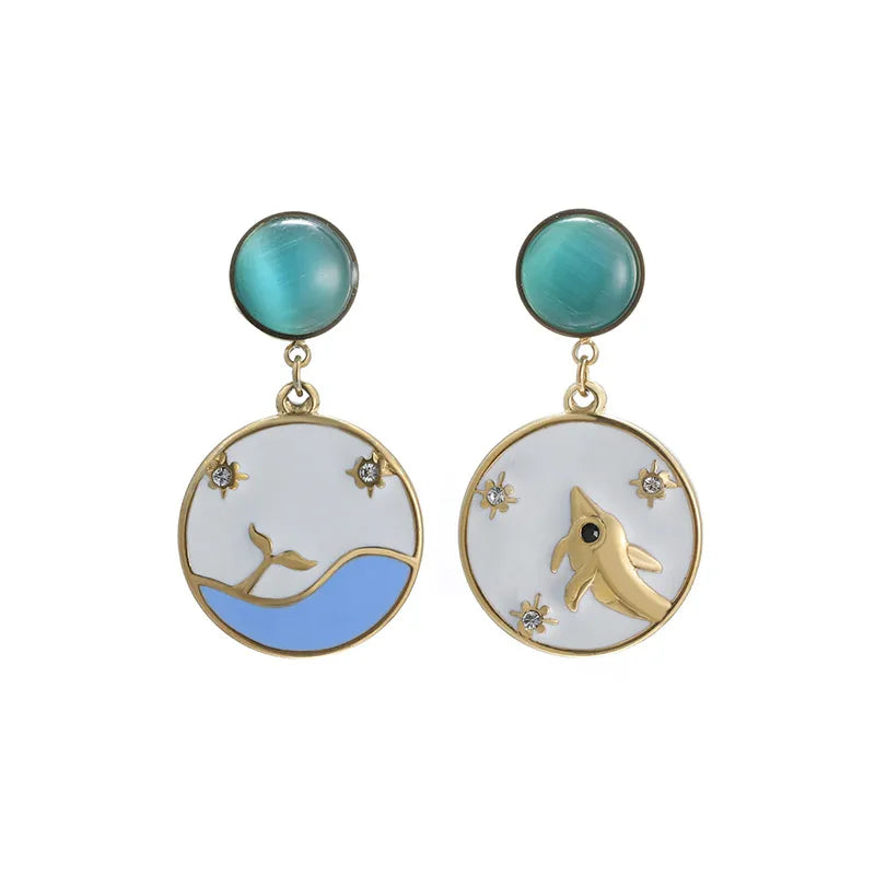 1 Pair XUPING Sweet Dolphin Heart Shape Pearl Enamel Inlay 304 Stainless Steel Artificial Gemstones Beads 18K Gold Plated Drop Earrings