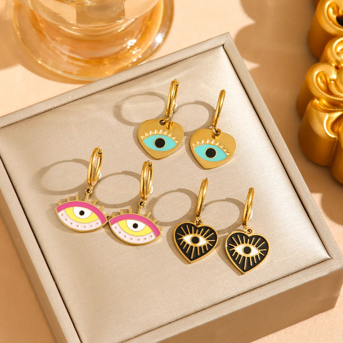 1 Pair Y2K Hip-Hop Heart Shape Eye Enamel 304 Stainless Steel 18K Gold Plated Drop Earrings