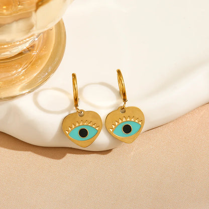 1 Pair Y2K Hip-Hop Heart Shape Eye Enamel 304 Stainless Steel 18K Gold Plated Drop Earrings