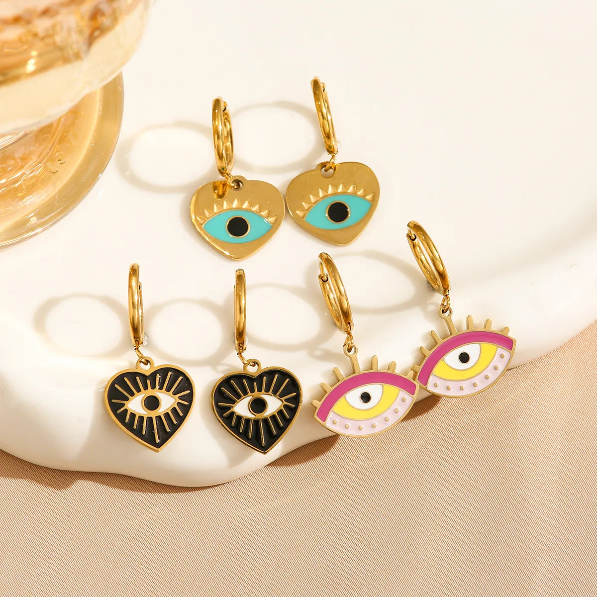 1 Pair Y2K Hip-Hop Heart Shape Eye Enamel 304 Stainless Steel 18K Gold Plated Drop Earrings