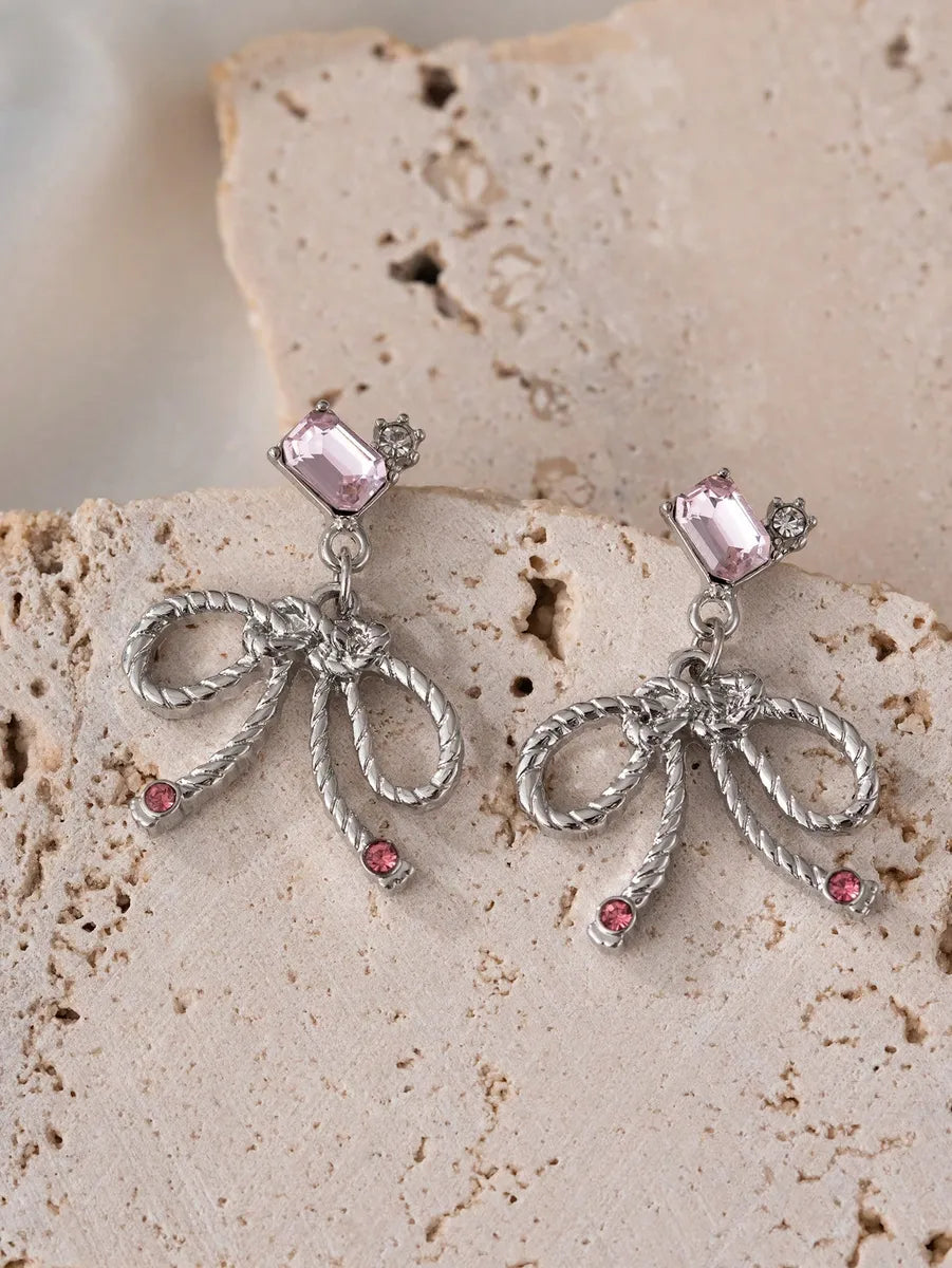 1 Pair Y2k Sweet Bow Knot Plating Alloy Zircon Silver Plated Drop Earrings