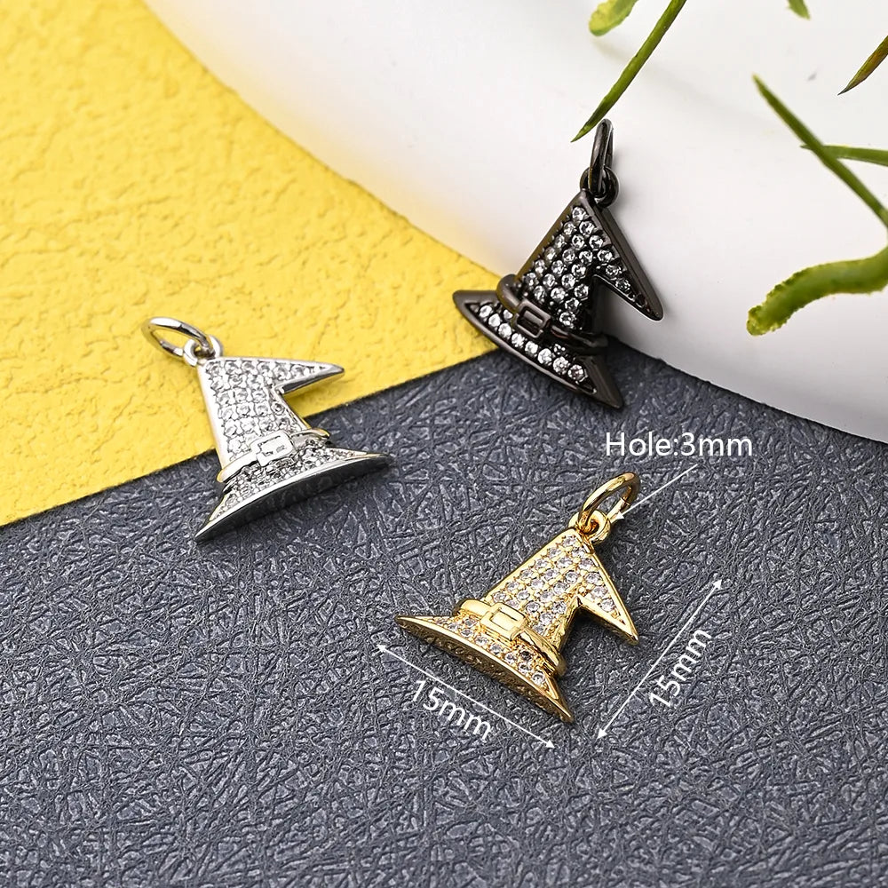 1 Pc/Package 15x15mm Hole 3~3.9mm Copper Zircon 18K Gold Plated Swimming Black White Gold Plated Halloween Pattern Wizard'S Hat Magic Hat Polished Pendant